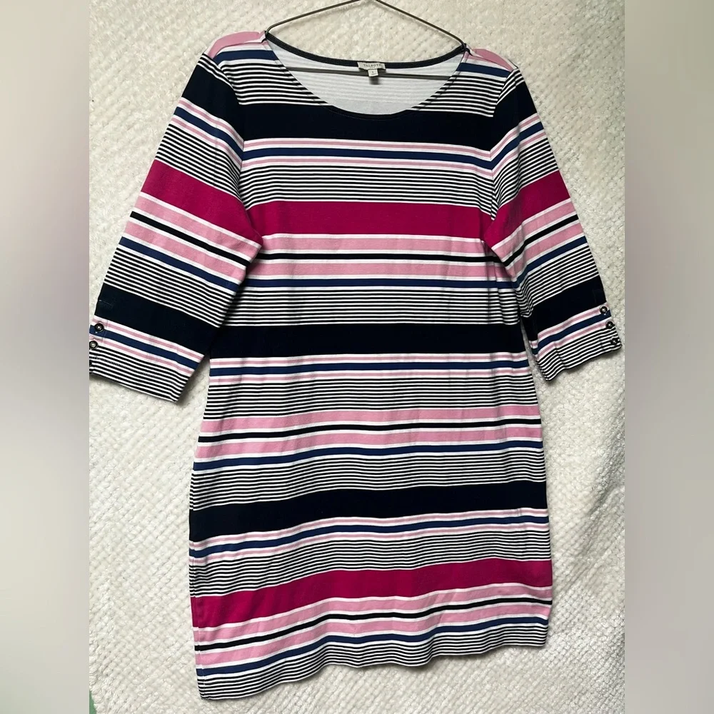 Talbots Womens Shift Dress 100% Cotton Nautical Striped Round Neck Casual Large - Picture 2 of 9